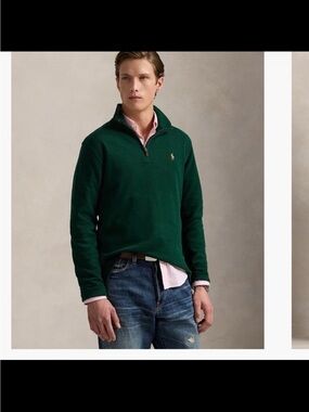 NWT polo Ralph Lauren men’s estate rib cotton quarter zip sweater dark green M
